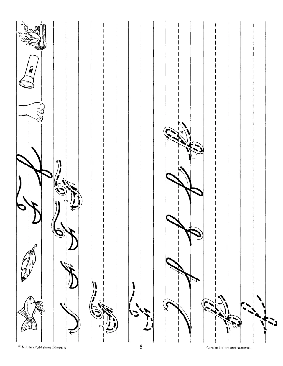 Cursive Ff handwriting: students trace numbered strokes for capital F and looped small f; fish, feather and foot pictures