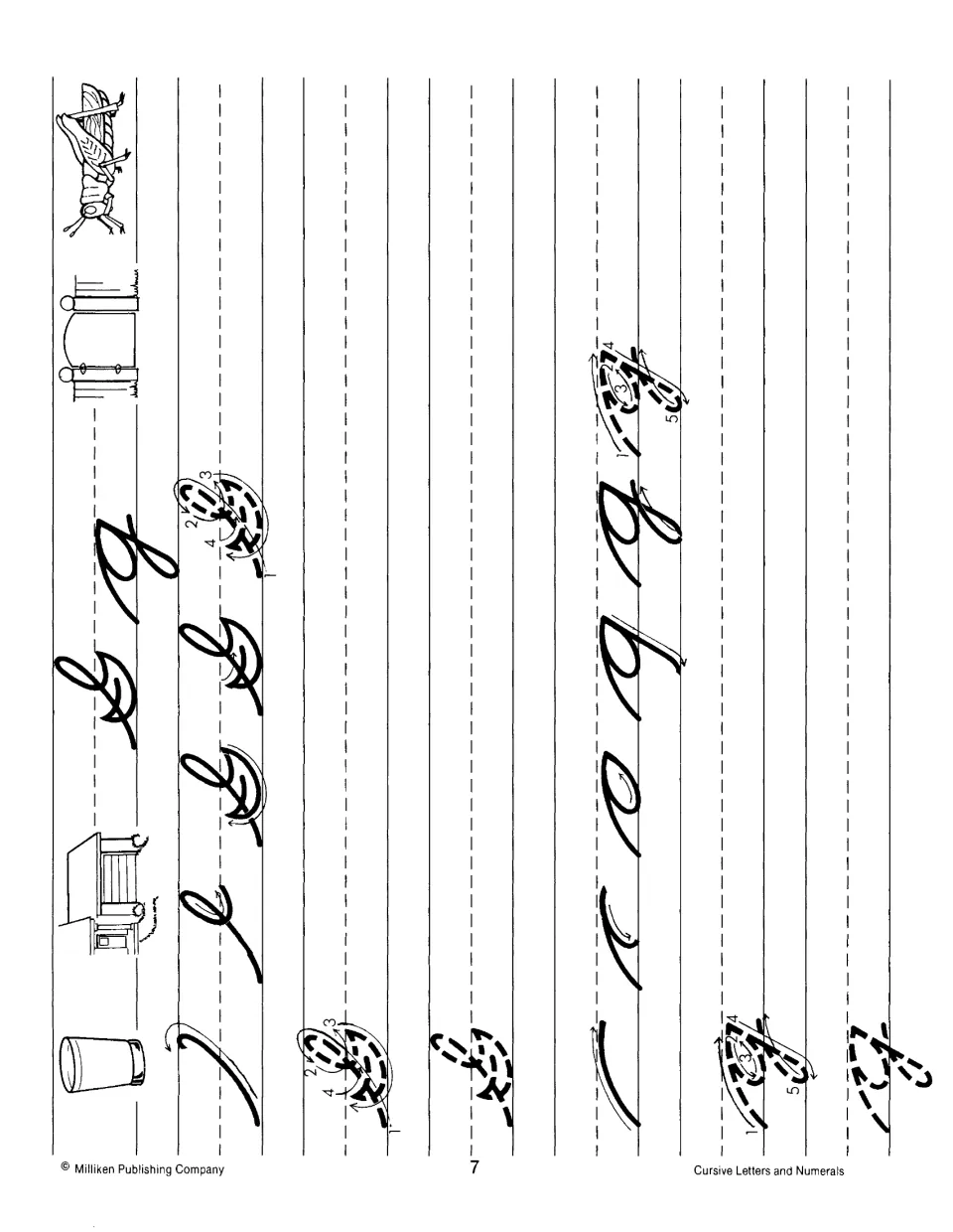 Cursive Gg letter practice: stroke arrows show capital G and small g with its lower loop, then dashed letters for tracing
