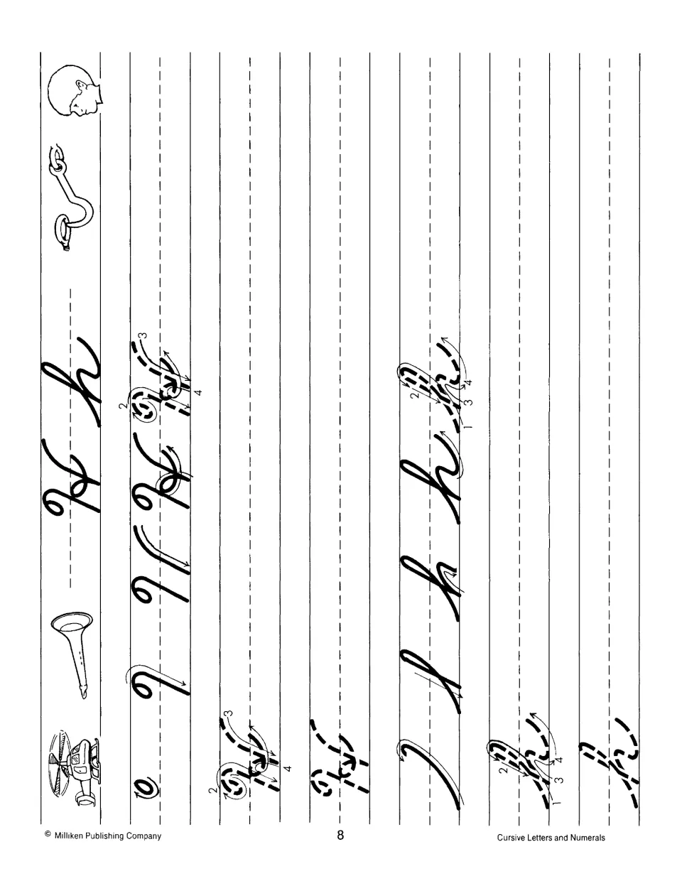 Cursive Hh formation: numbered strokes model capital H and small h; students trace them, with helicopter and horn