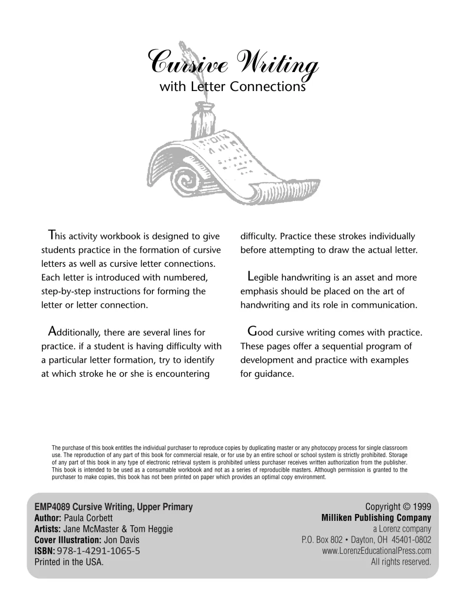 Title page, 'with Letter Connections': teacher notes on numbered stroke steps and practice lines, plus copyright notice
