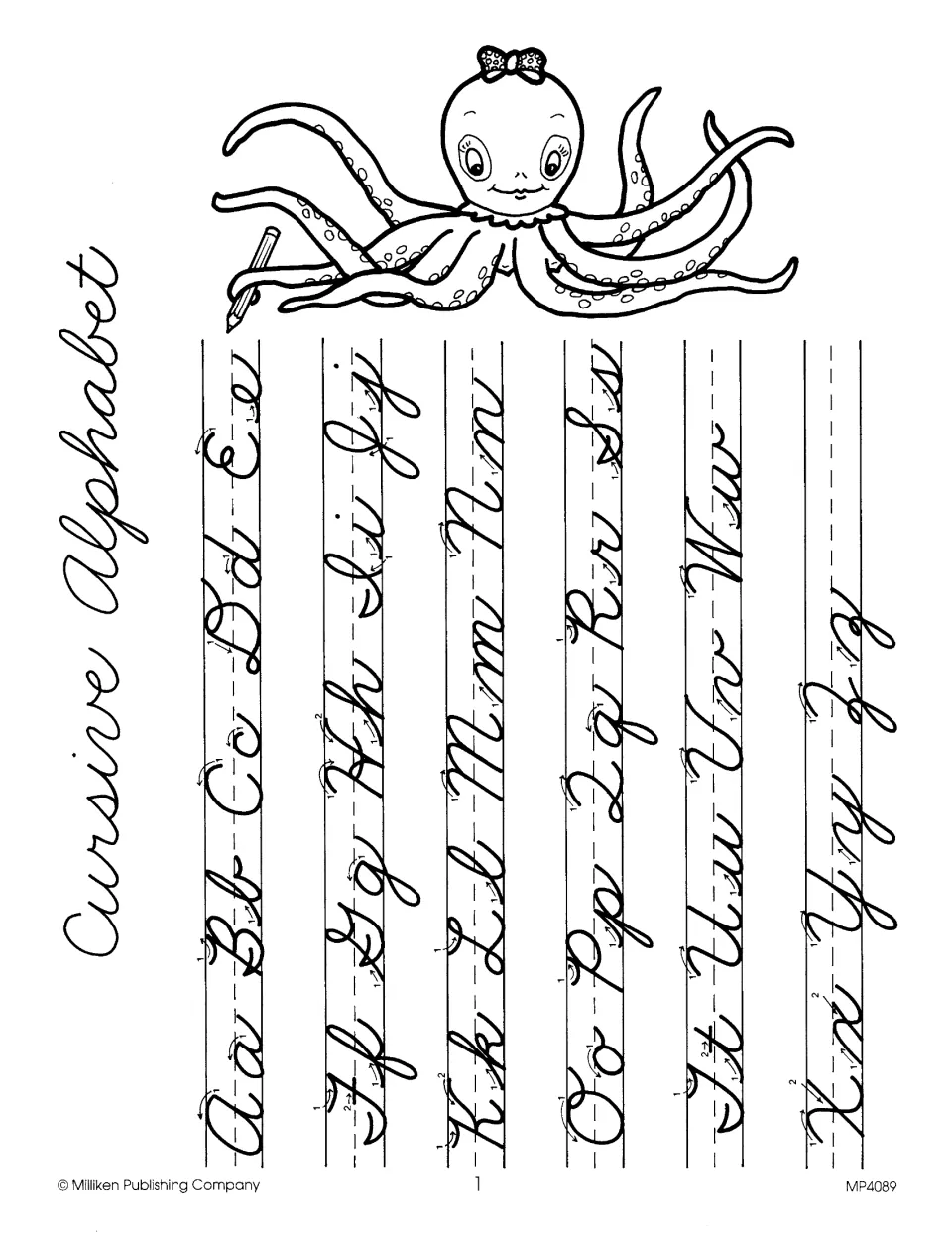 Cursive alphabet chart: every uppercase and lowercase letter from Aa to Zz with numbered arrows showing stroke order
