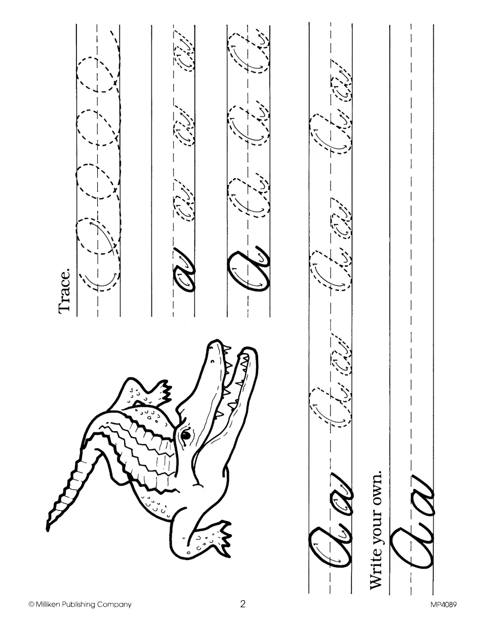 Cursive Aa practice: students trace warm-up ovals and dotted a, A and Aa with stroke arrows, then write their own Aa