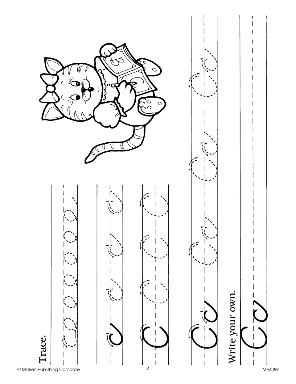 Cursive Cc practice: students trace small loop strokes and dotted c, C and Cc with arrows, then write their own Cc
