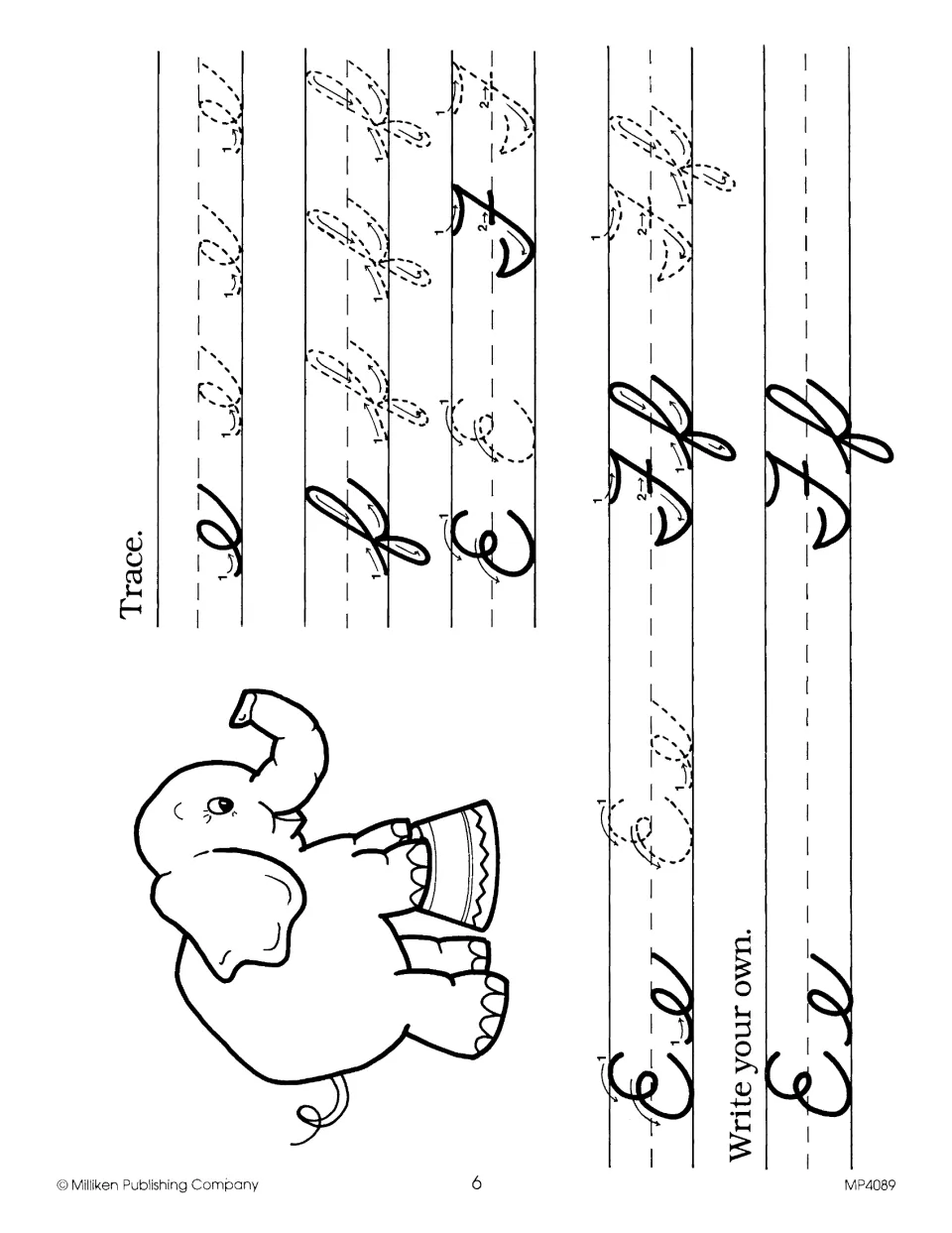 Cursive Ee and Ff practice: students trace dotted e, f, E and F with numbered arrows, then write their own Ee and Ff
