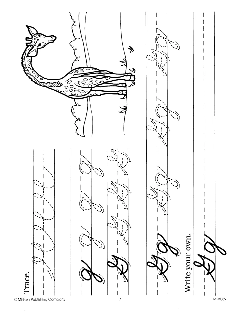 Cursive Gg practice: students trace looping strokes and dotted g, G and Gg following arrows, then write their own Gg
