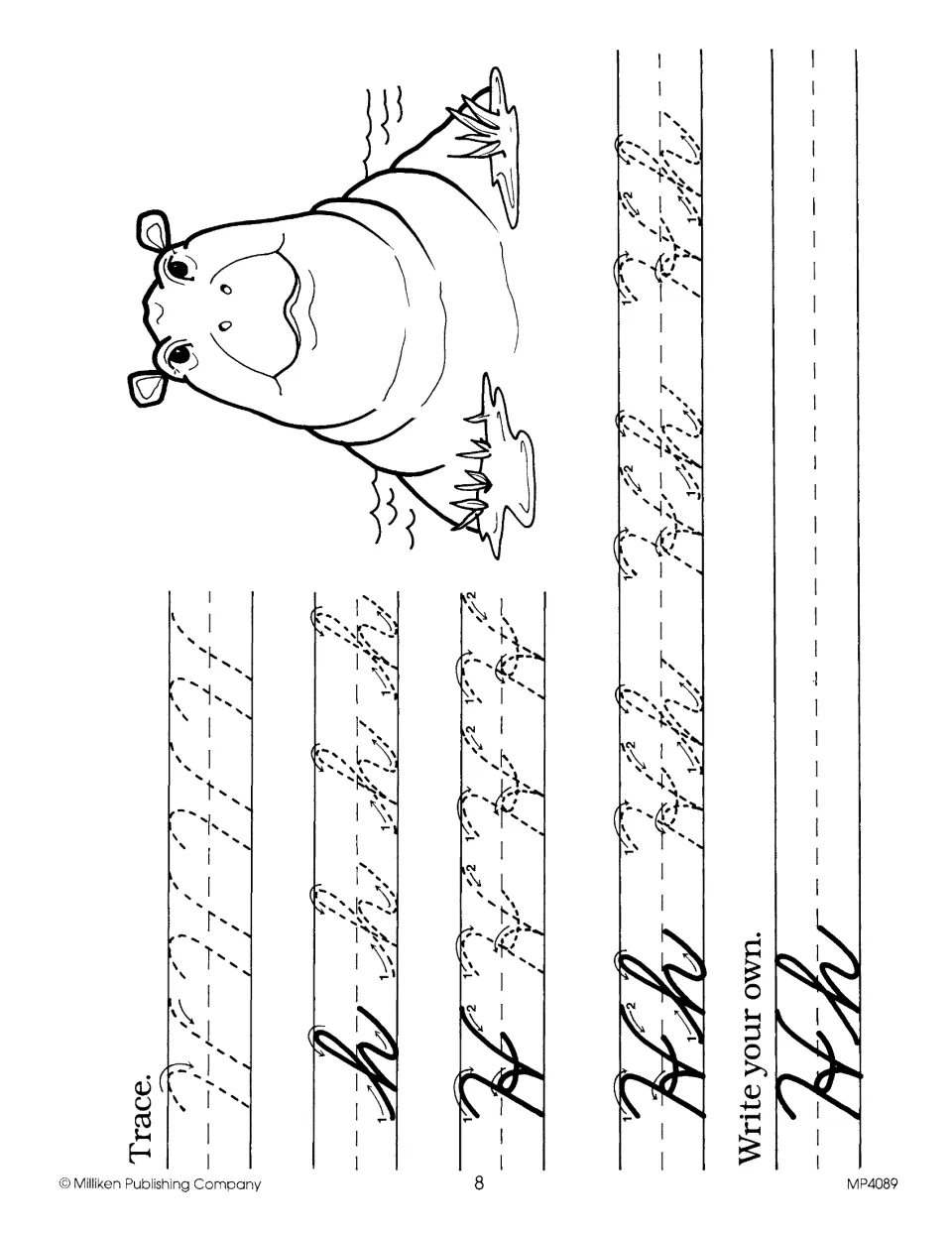 Cursive Hh practice: students trace slanted strokes and dotted h, H and Hh with numbered arrows, then write their own Hh