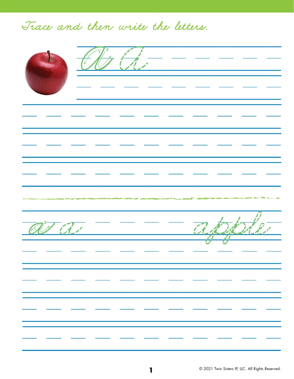 Cursive letter A: students follow numbered stroke arrows to trace capital and lowercase a, then write rows and trace apple