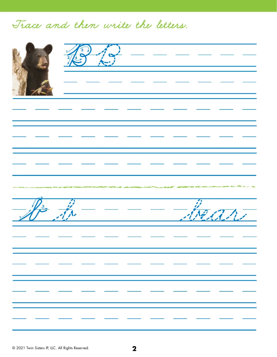 Cursive letter B: students trace B and b using four numbered strokes, write practice rows, then trace the word bear