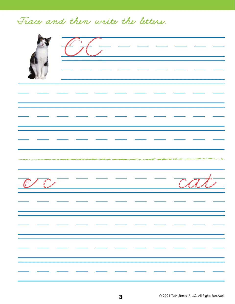 Cursive letter C: students trace red capital C and lowercase c from the arrow start, write rows, then trace the word cat