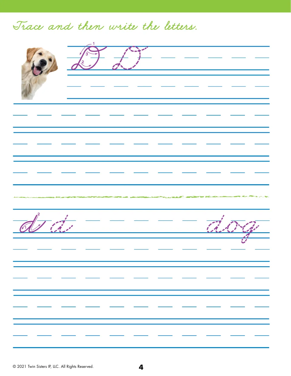 Cursive letter D: students trace purple capital D and lowercase d by stroke order, fill practice rows and trace dog