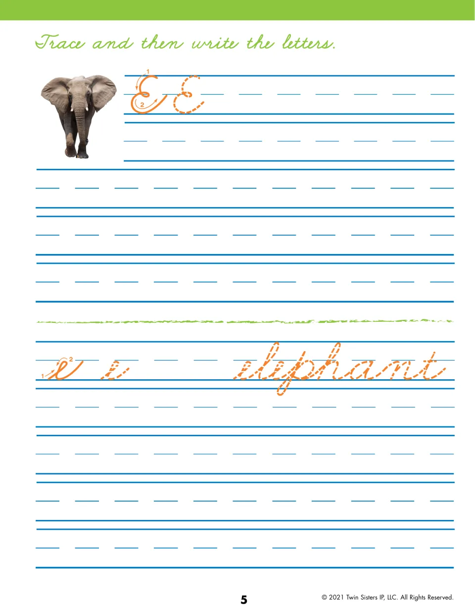 Cursive letter E: students trace orange E and e using numbered strokes, write rows of each, then trace the word elephant