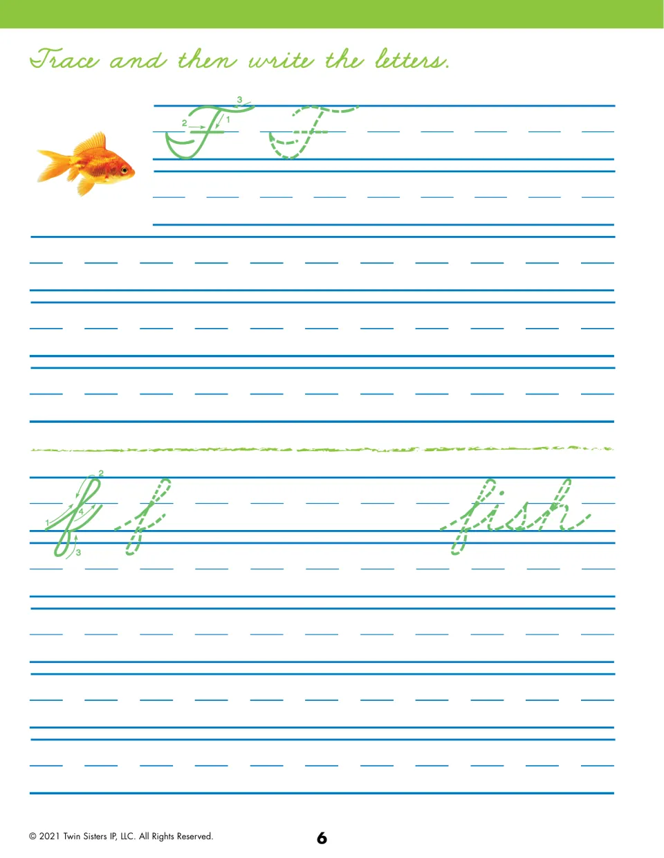 Cursive letter F: students trace green F and the looped lowercase f by stroke order, write rows, then trace the word fish