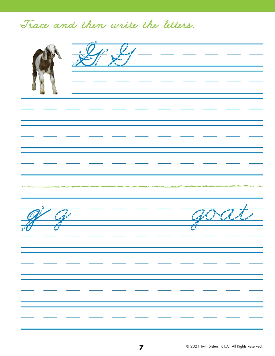 Cursive letter G: students trace blue capital G and lowercase g with numbered strokes, write practice rows and trace goat