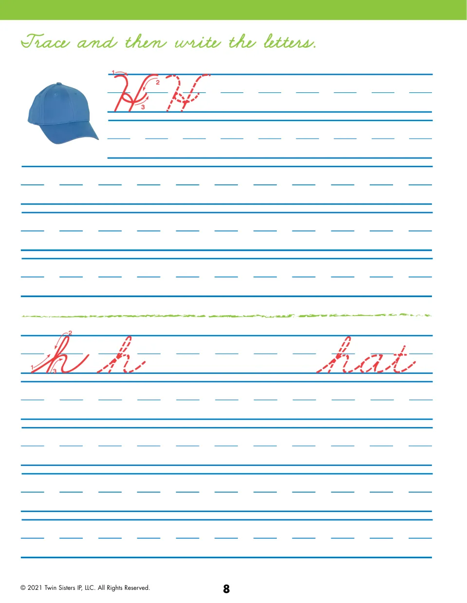 Cursive letter H: students trace red capital H and looped lowercase h by stroke order, write rows, then trace the word hat