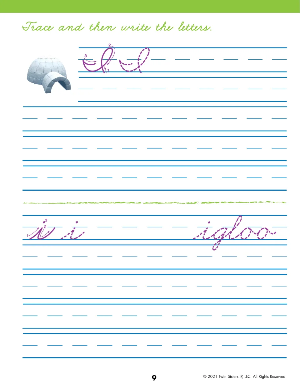 Cursive letter I: students trace purple capital I and dotted lowercase i by stroke order, write rows and trace igloo