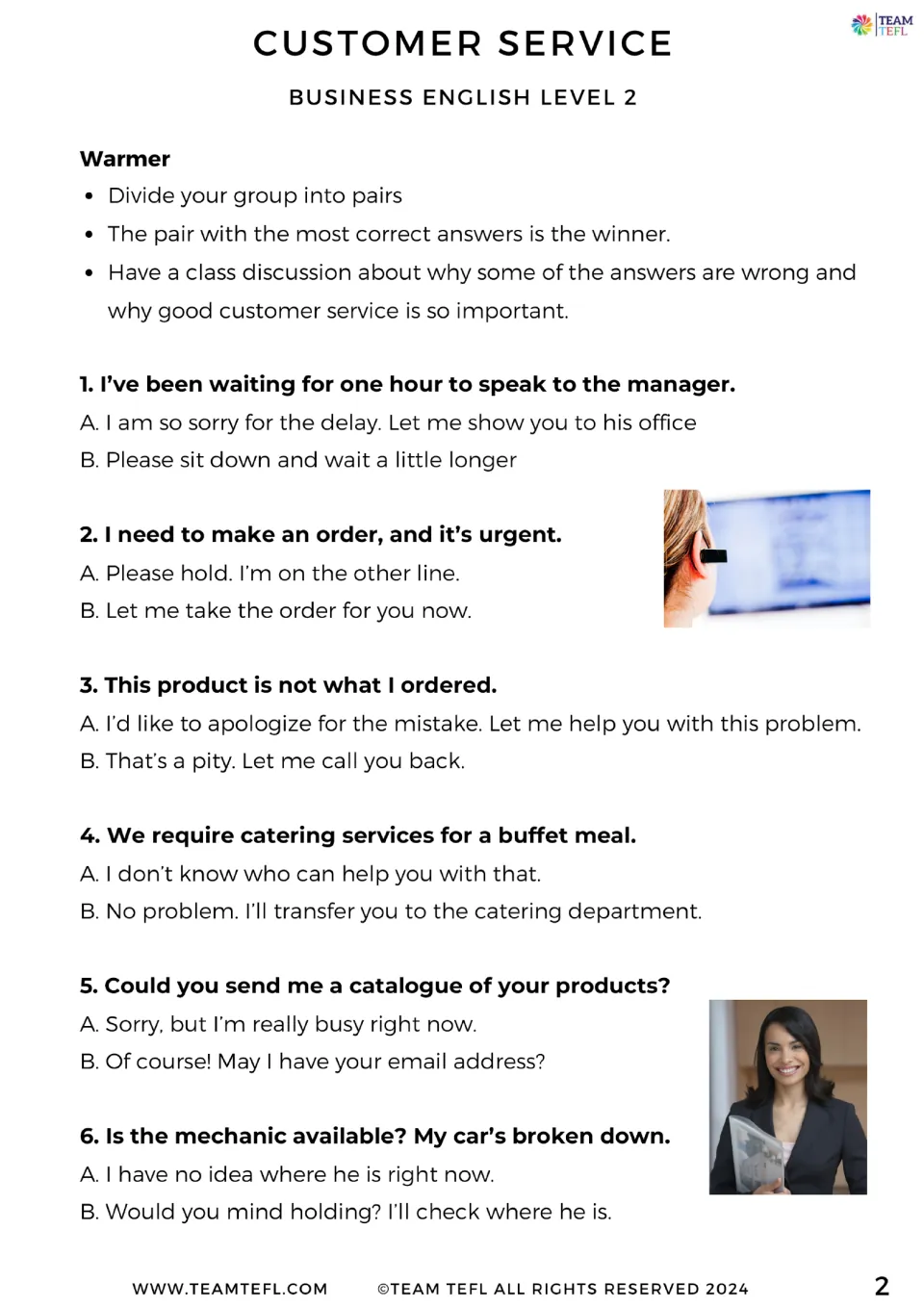 Customer service warmer questions 1–6 ask students to choose responses to orders, delays, and requests