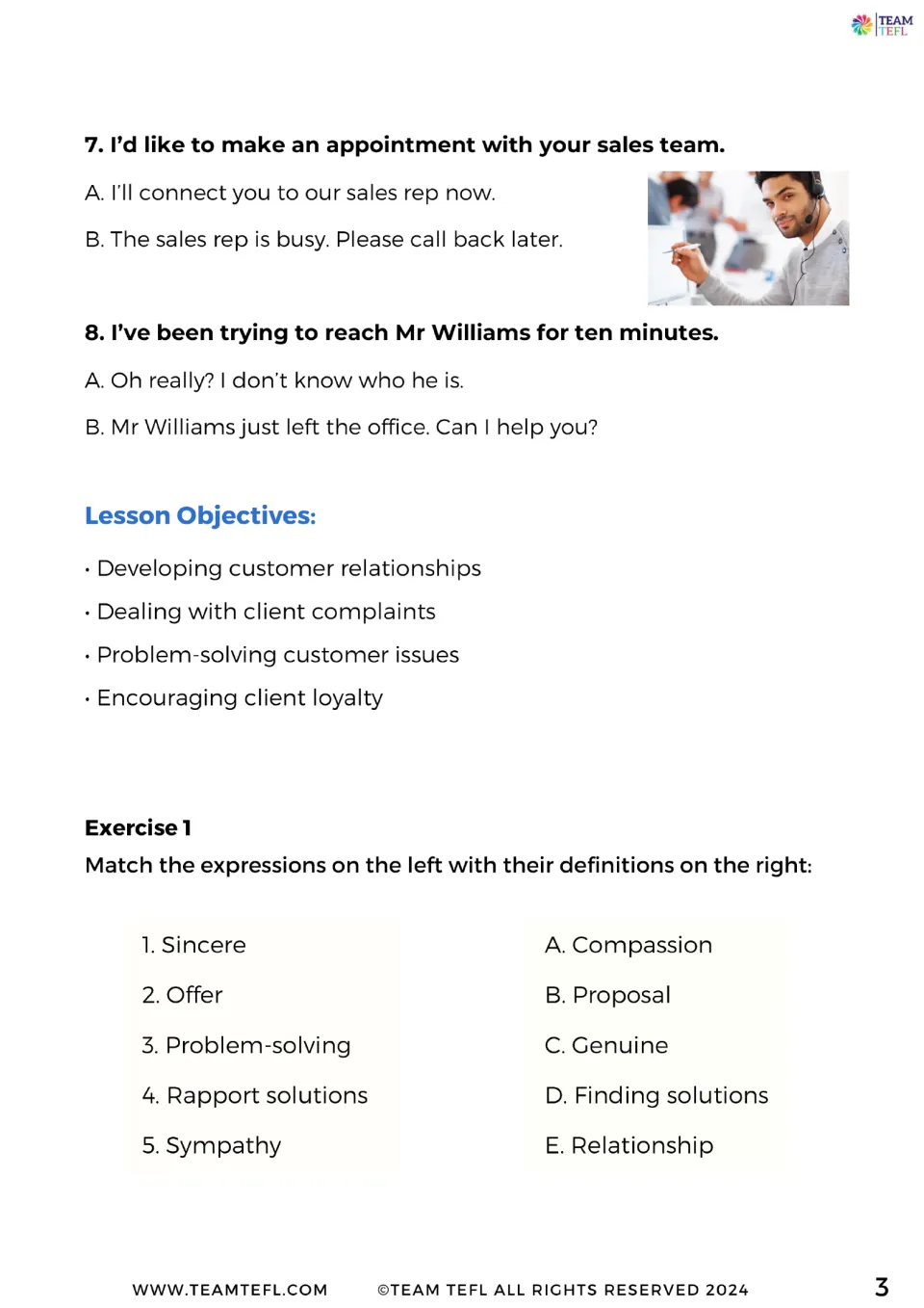 Warmer questions 7–8, customer service lesson objectives, and Exercise 1 matching five terms to meanings