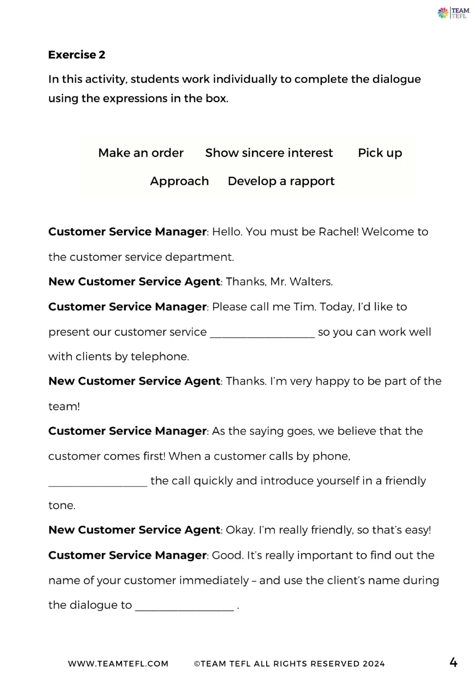 Exercise 2 begins a fill-in dialogue about answering customer calls, using names, and building rapport