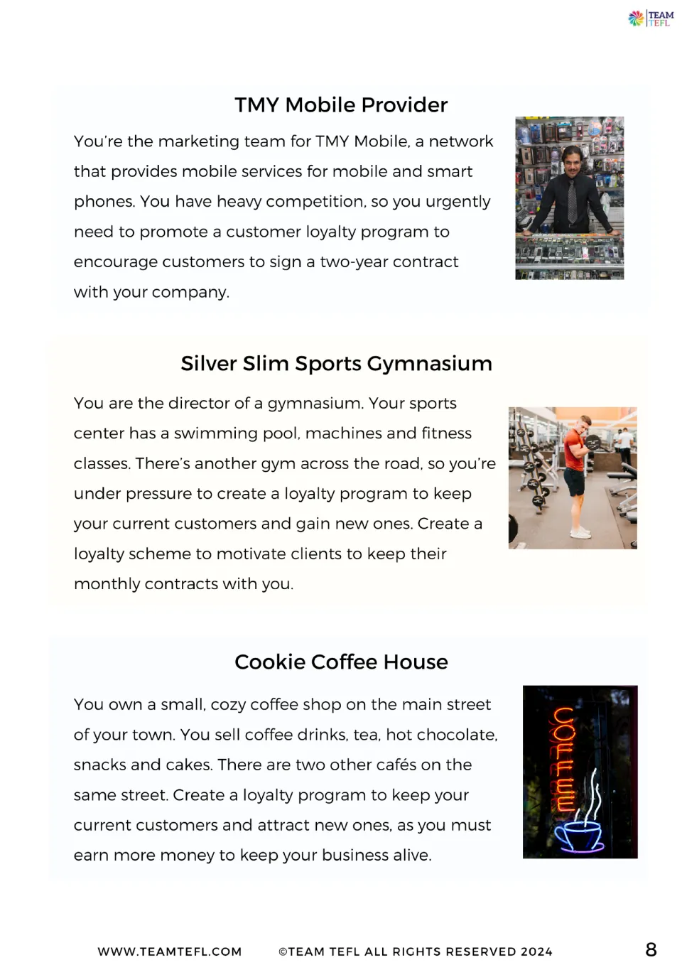 Exercise 4 continues with loyalty program scenarios for a mobile provider, sports gym, and coffee house