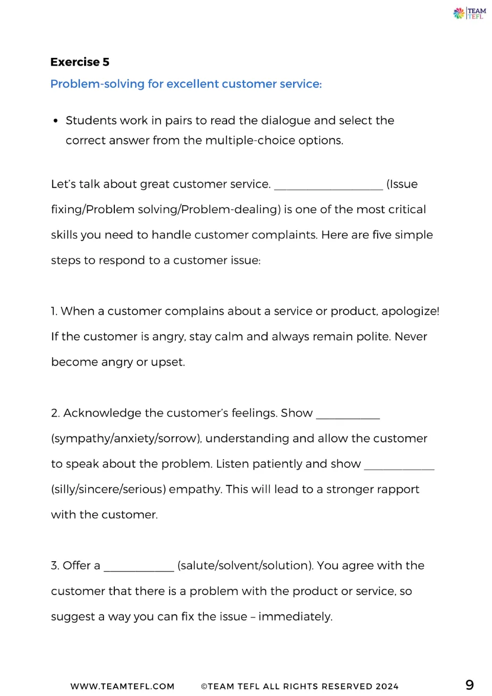 Exercise 5 starts multiple-choice vocabulary practice on apologizing, showing empathy, and offering solutions