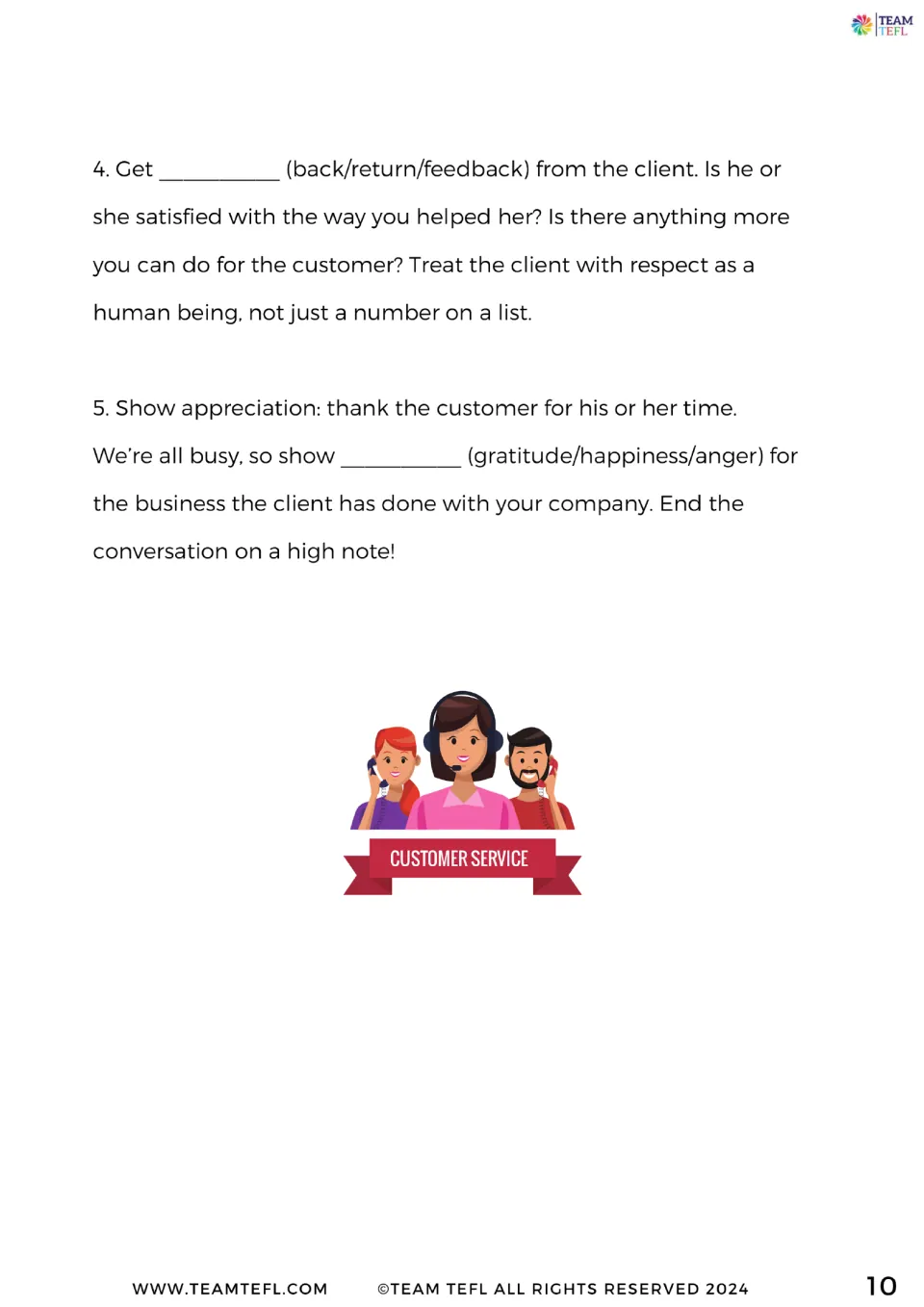 Exercise 5 concludes with multiple-choice blanks about getting customer feedback and expressing gratitude