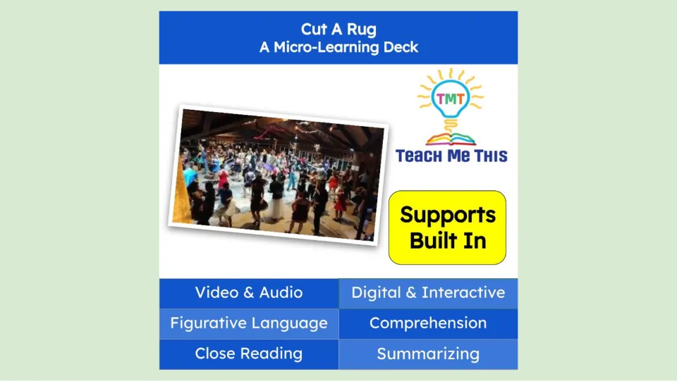 Cut A Rug micro-learning deck cover lists video, audio, figurative language, comprehension, and summarizing.