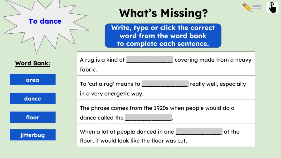 Fill-in-the-blank practice uses four passage sentences and the word bank: area, dance, floor, and jitterbug.