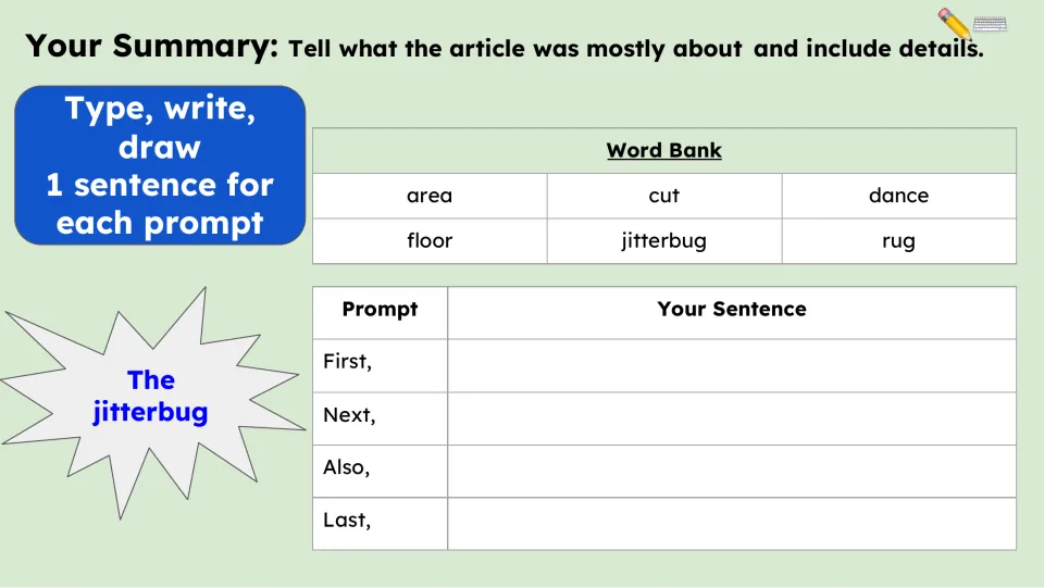 Summary writing practice asks for one sentence each using First, Next, Also, and Last, with a six-word bank.