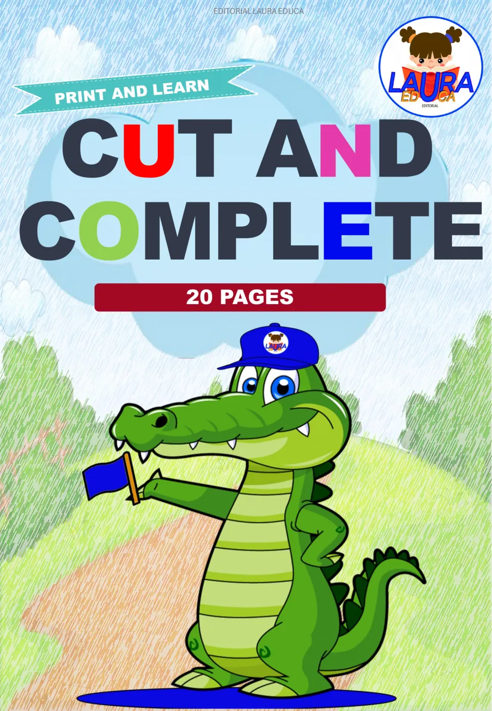 Cover of the cut-and-complete picture resource, labeled 'Print and Learn', 'Cut and Complete' and '20 Pages'