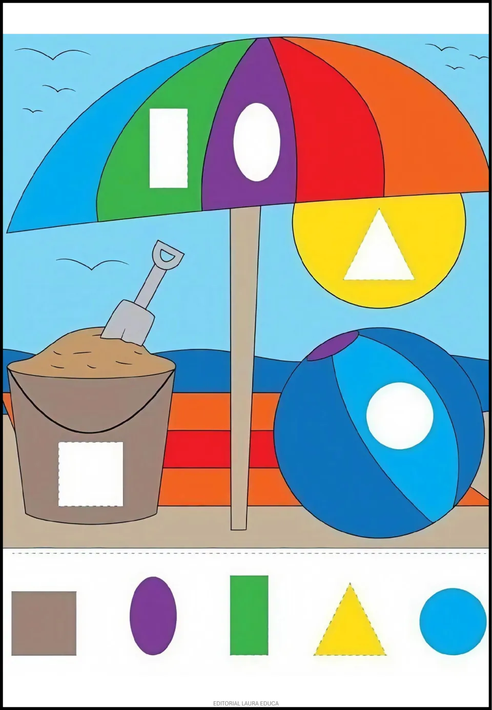 Beach picture completion activity: five cutout shapes match spaces in an umbrella, sun, bucket and ball