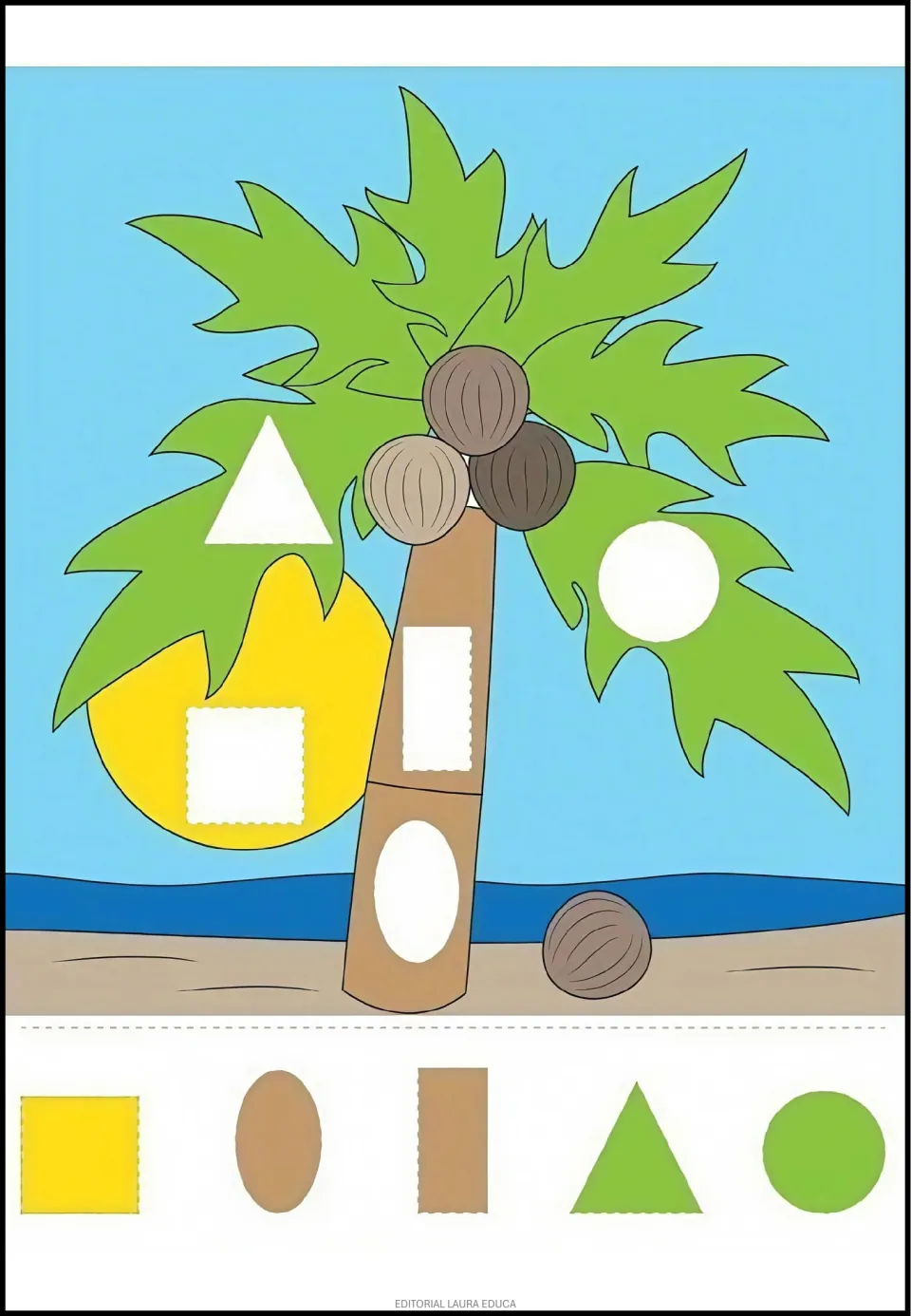 Palm tree picture completion activity: match five cutout shapes to spaces in the leaves, trunk and sun
