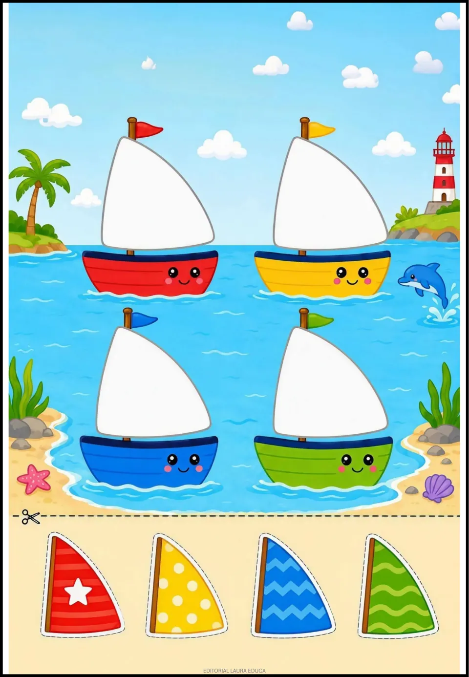 Sailboat picture completion activity: four patterned sail cutouts match red, yellow, blue and green boats