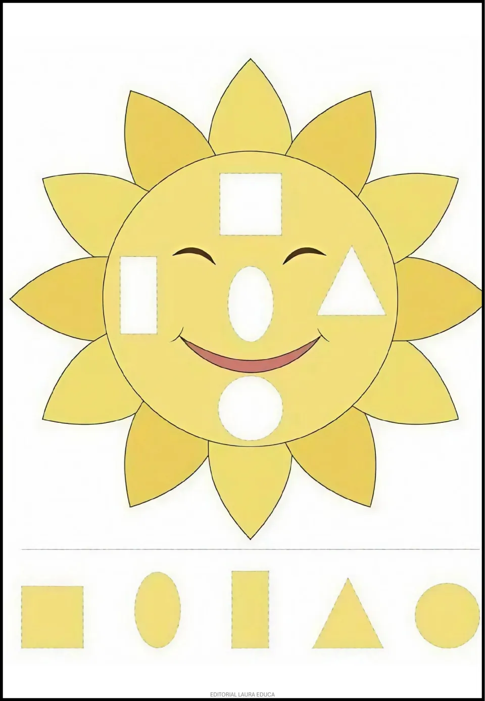 Sun picture completion activity: fill five spaces using yellow square, oval, rectangle, triangle and circle cutouts