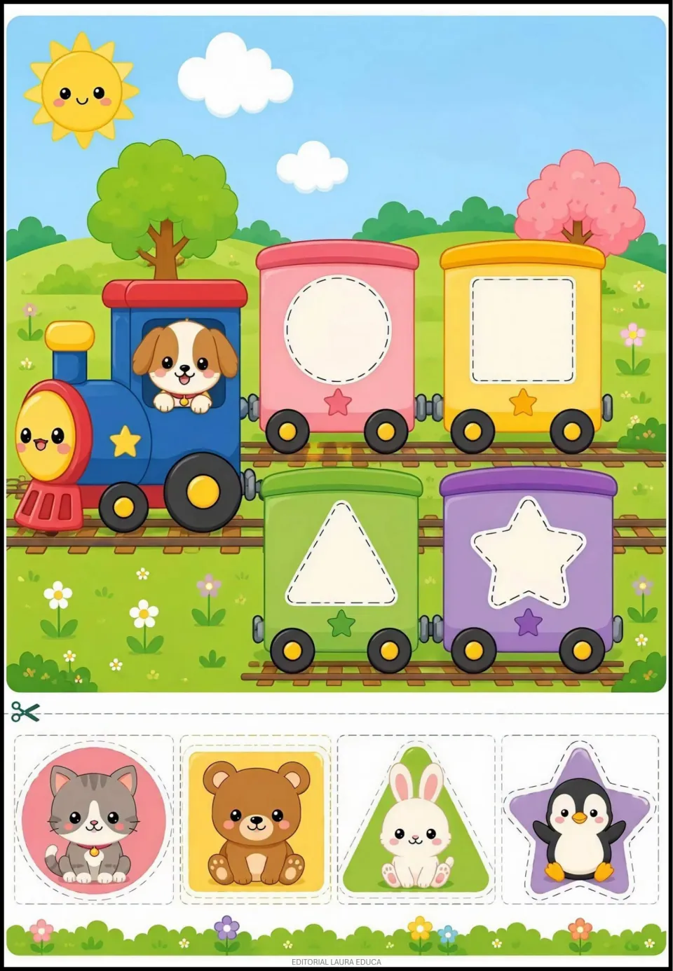 Train picture completion activity: cat, bear, rabbit and penguin cutouts match four shapes on train cars