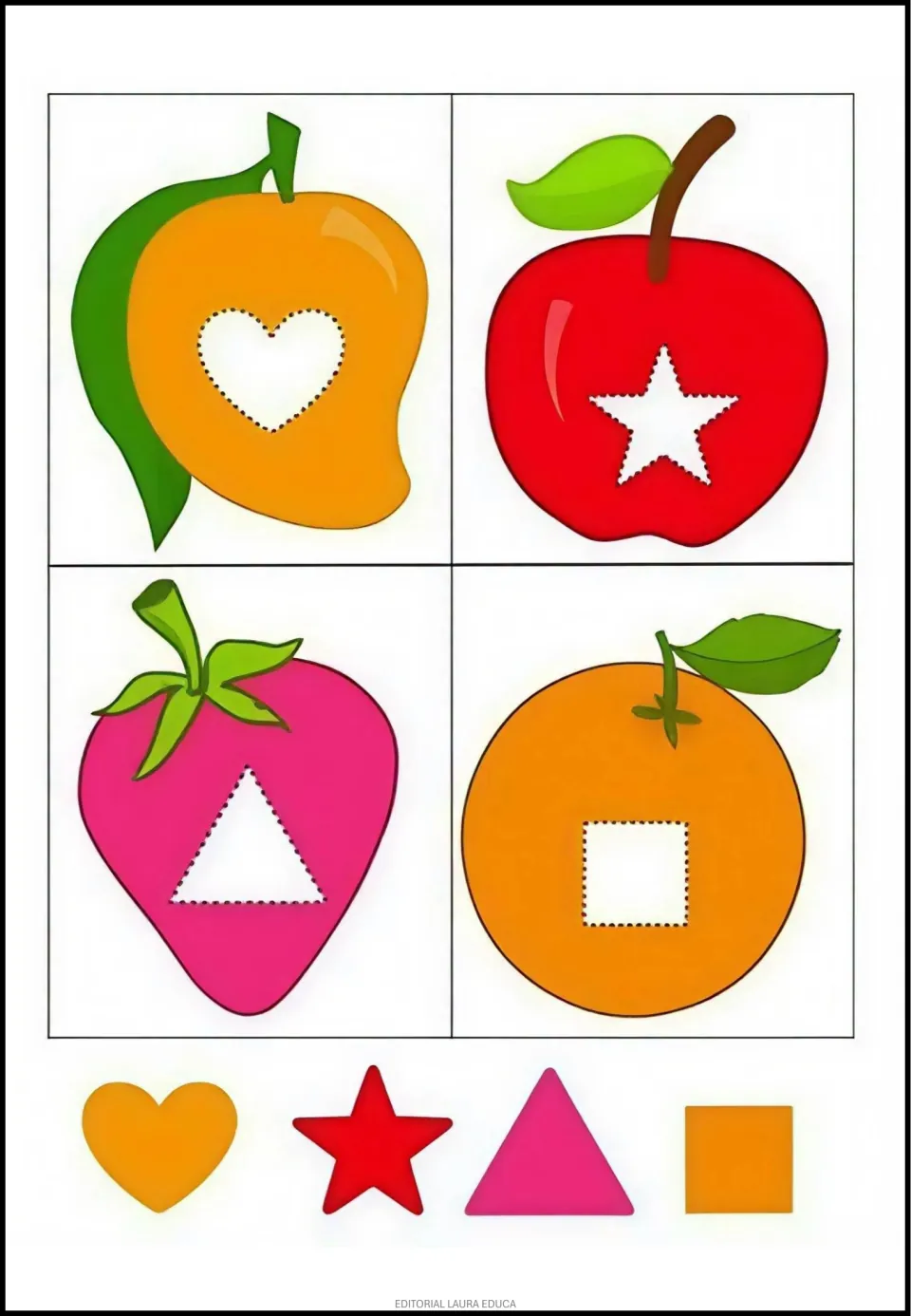 Fruit picture completion activity: heart, star, triangle and square cutouts fit mango, apple, strawberry and orange