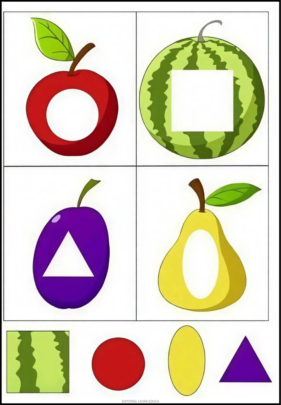 Fruit picture completion activity: circle, square, triangle and oval pieces fit cherry, watermelon, plum and pear