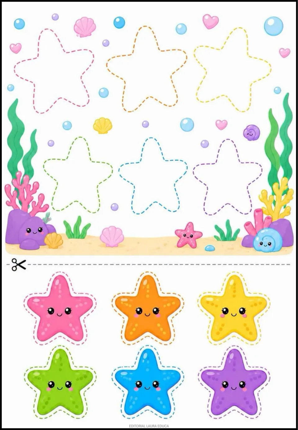 Starfish cut-and-complete activity: six colored starfish pieces match pink, orange, yellow, green, blue and purple outlines