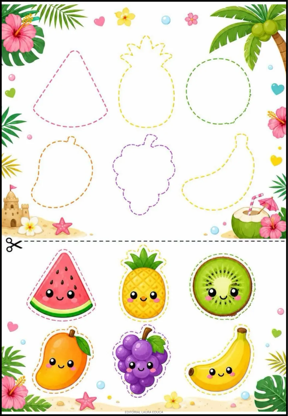 Tropical fruit completion activity: match watermelon, pineapple, kiwi, mango, grapes and banana cutouts to outlines