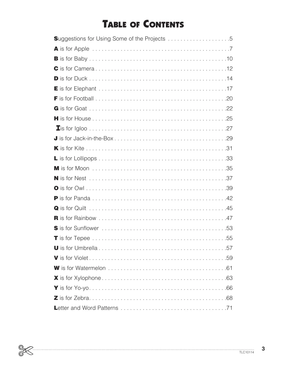 Table of contents listing one cut-paper project per letter, A is for Apple to Z is for Zebra, plus letter patterns