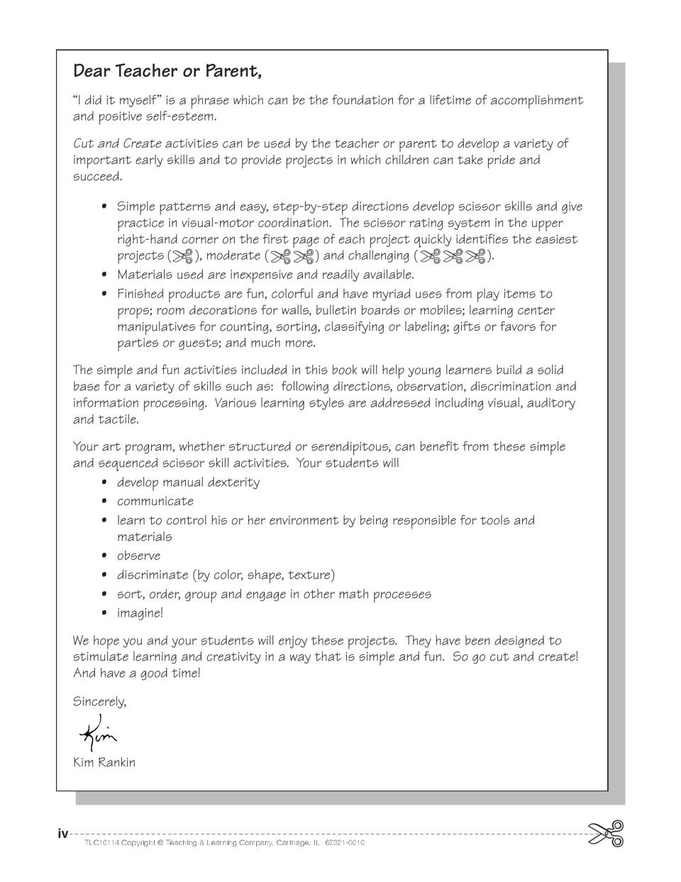 Letter to teachers and parents explaining the scissor rating system of one to three scissors and uses for projects