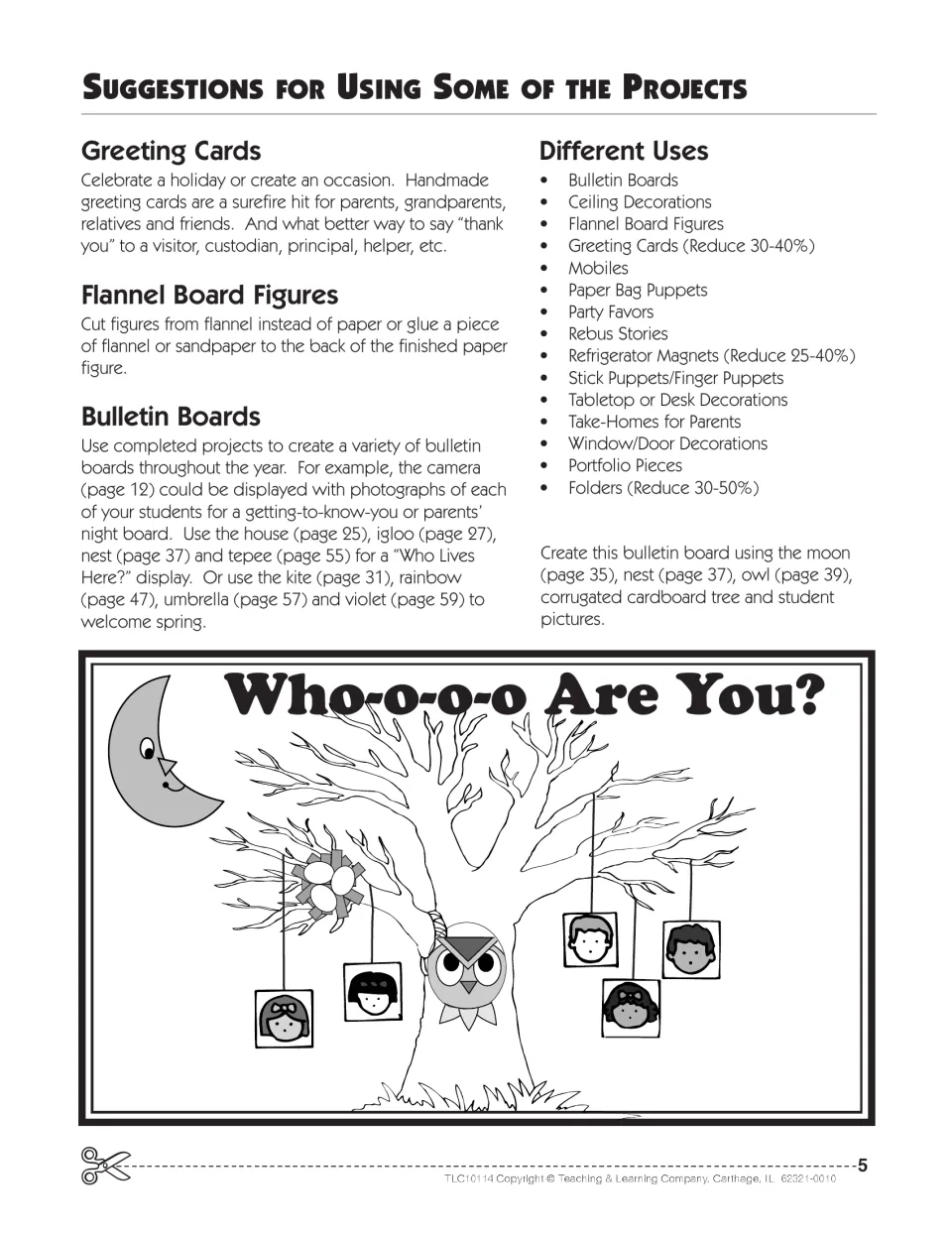 Project display ideas: greeting cards, flannel board figures and a Who-o-o-o Are You? owl and moon bulletin board