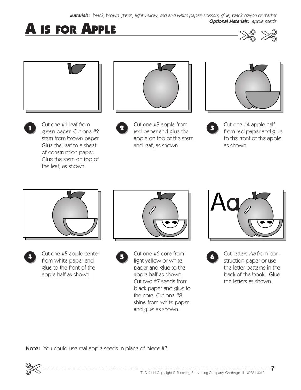 A is for Apple steps: students cut a leaf, stem, apple, half, center, core and seeds, then glue letters Aa