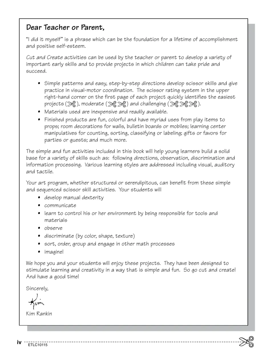 Letter to teachers and parents explaining the scissor rating system, materials and uses for the finished figures