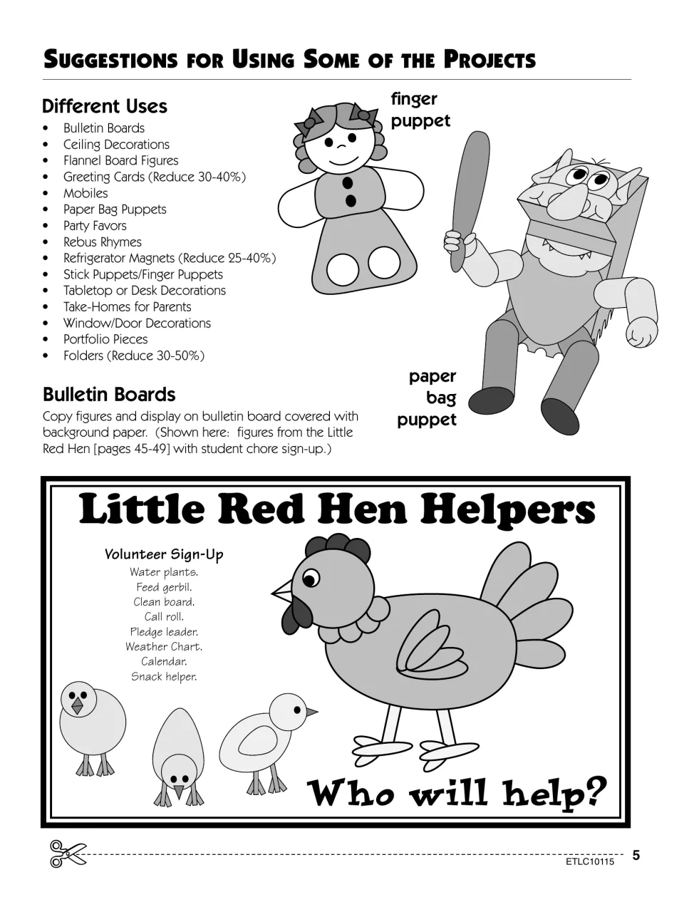 Ideas for using projects: 15 uses listed, a finger puppet, troll paper bag puppet and Little Red Hen helper chart