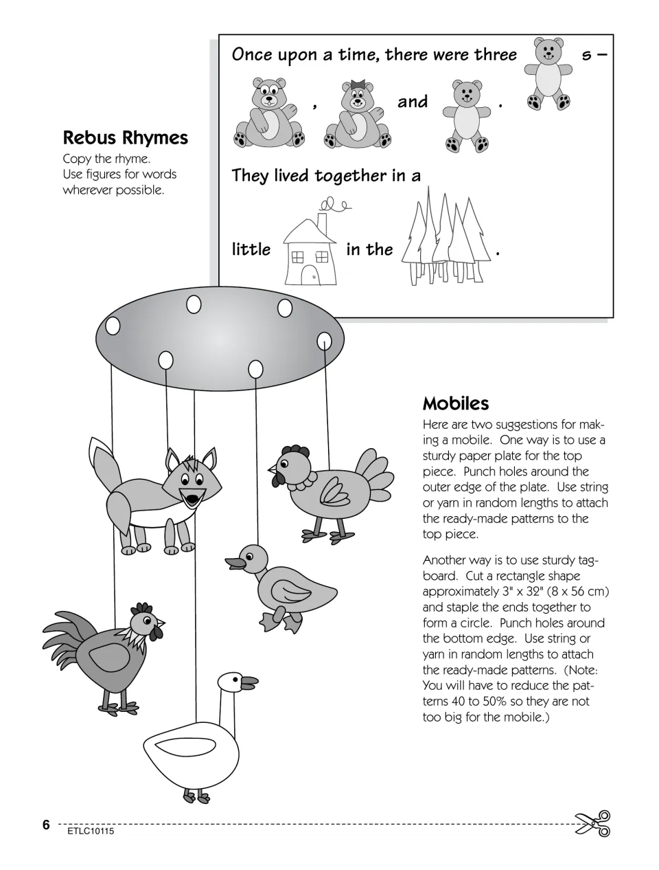 Rebus rhyme about the three bears using cut-out figures for words, plus two ways to build a fairy tale mobile