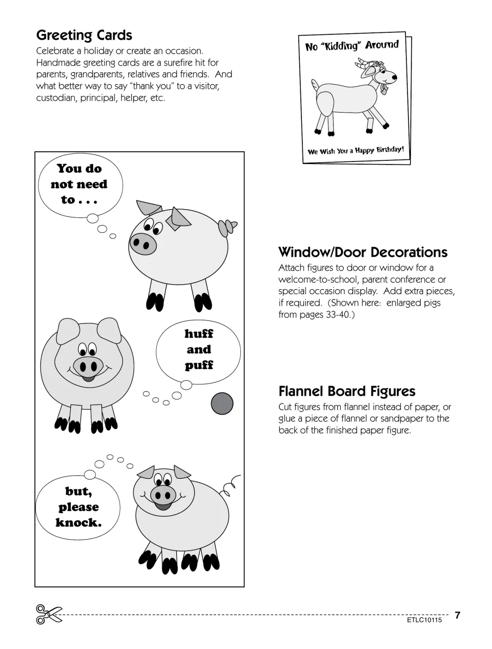 Project uses: goat birthday greeting card, Three Little Pigs door display with speech bubbles, and flannel board tips