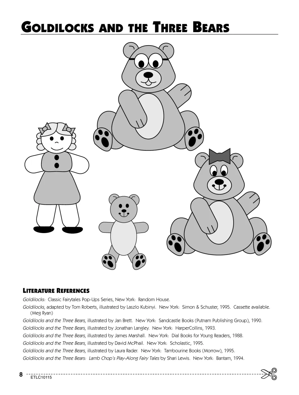 Goldilocks and the Three Bears section opener showing finished bear and Goldilocks figures with a book list