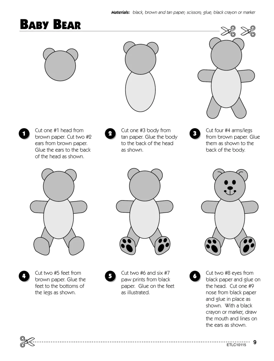 Baby Bear project: students cut head, body, arms, legs and paw prints from paper and glue them in six steps