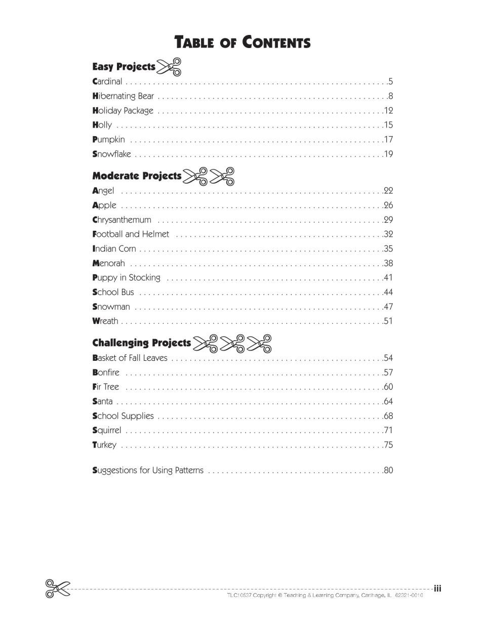 Table of contents listing easy, moderate and challenging cutting projects, from Cardinal and Pumpkin to Santa and Turkey