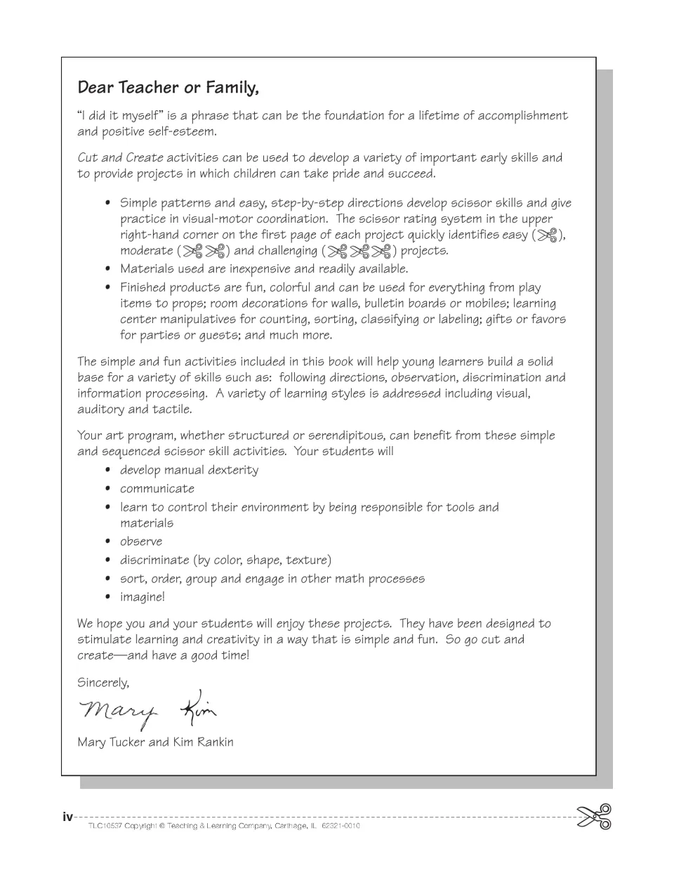 Letter to teachers and families explaining the one-to-three scissor rating for easy, moderate and challenging projects